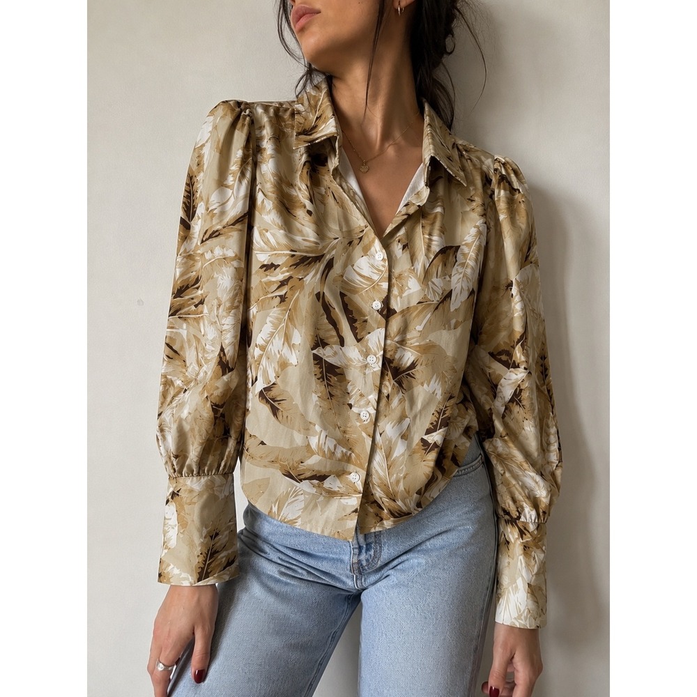 Kaimilan Tan Khaki Palm Print Puff Sleeve Button Up Shirt Size‎ 4 Tropical Boho